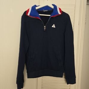 Le Coq Sportif Cotton Navy Zip-Up Sweater with Red, White & Blue Collar size M